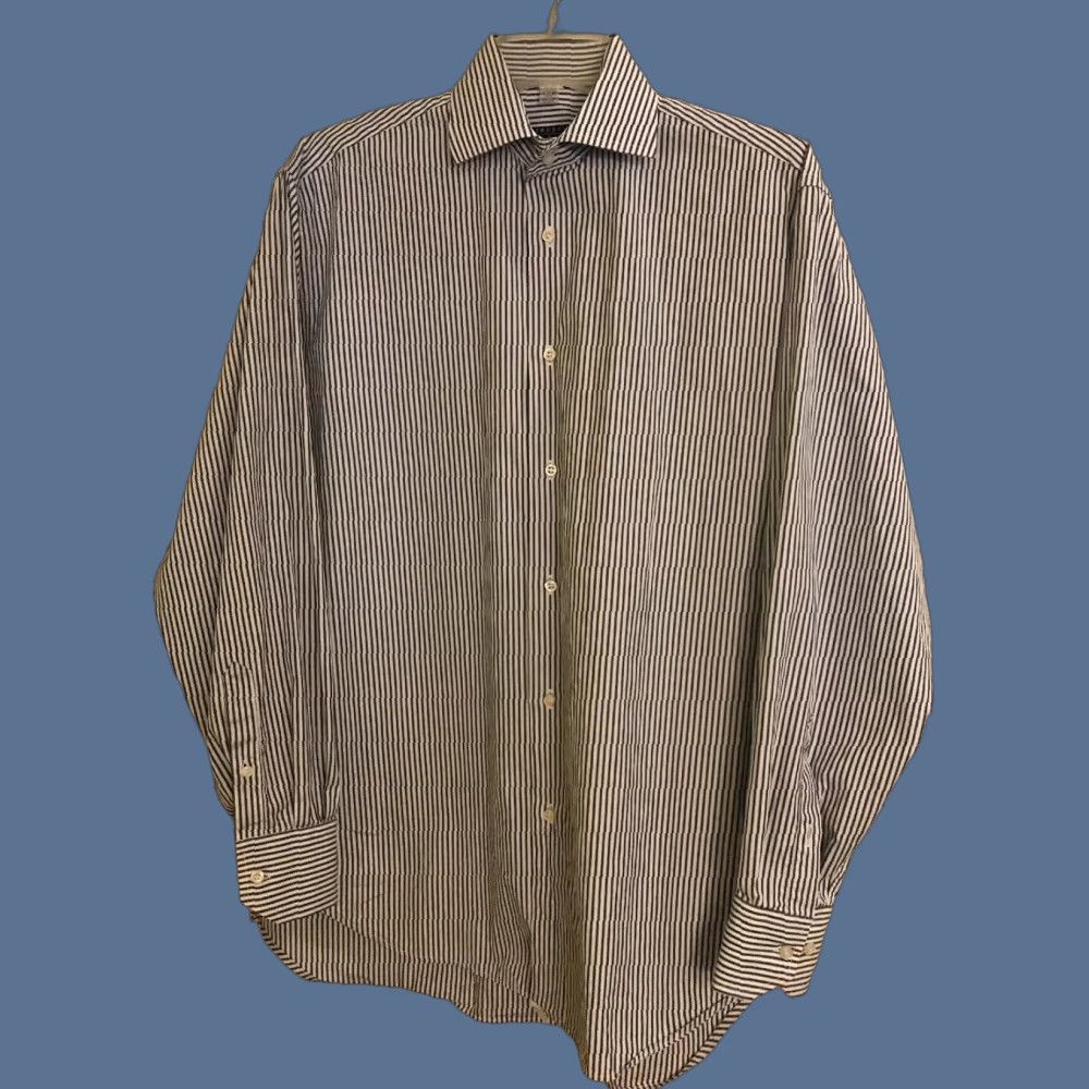 Vintage VINTAGE 37 14.5 Trussini Camicie Blue White Striped Long Sleeve Button Down 100% Cotton Mens Shirt Size 36R - 1 Thumbnail