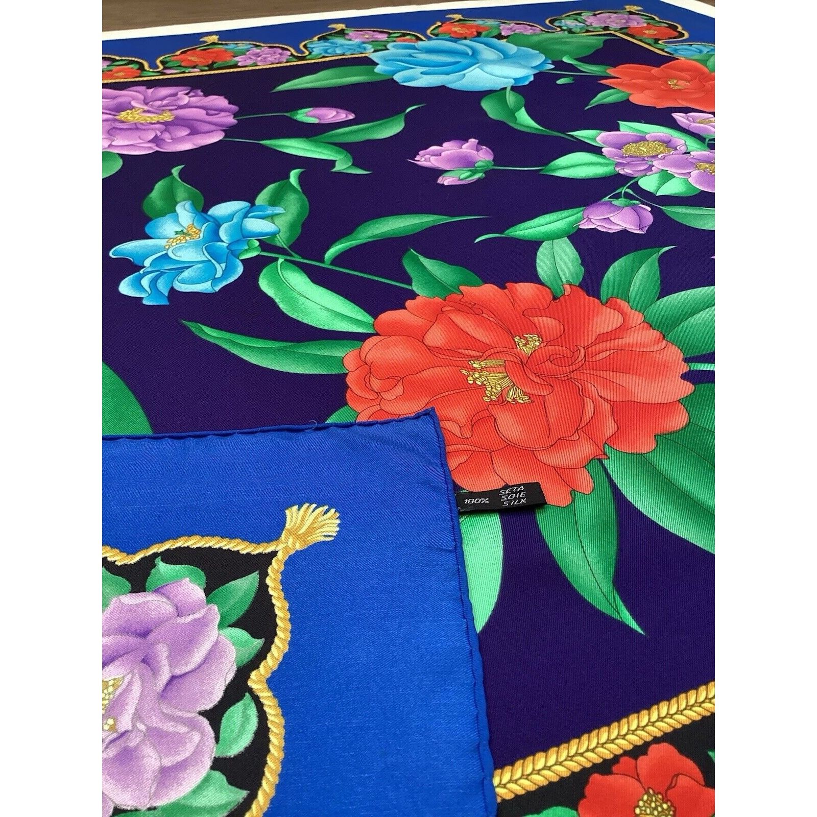 Leonard Paris LEONARD PARIS Blue Floral Scarf Silk Made In Italy 35"-34.5" Size ONE SIZE - 7 Thumbnail