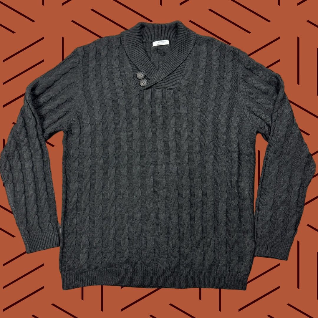 COOFANDY Men's Slim Fit Cable-Knit Sweater Pullover with Shawl Collar and Button Detail Size L Black