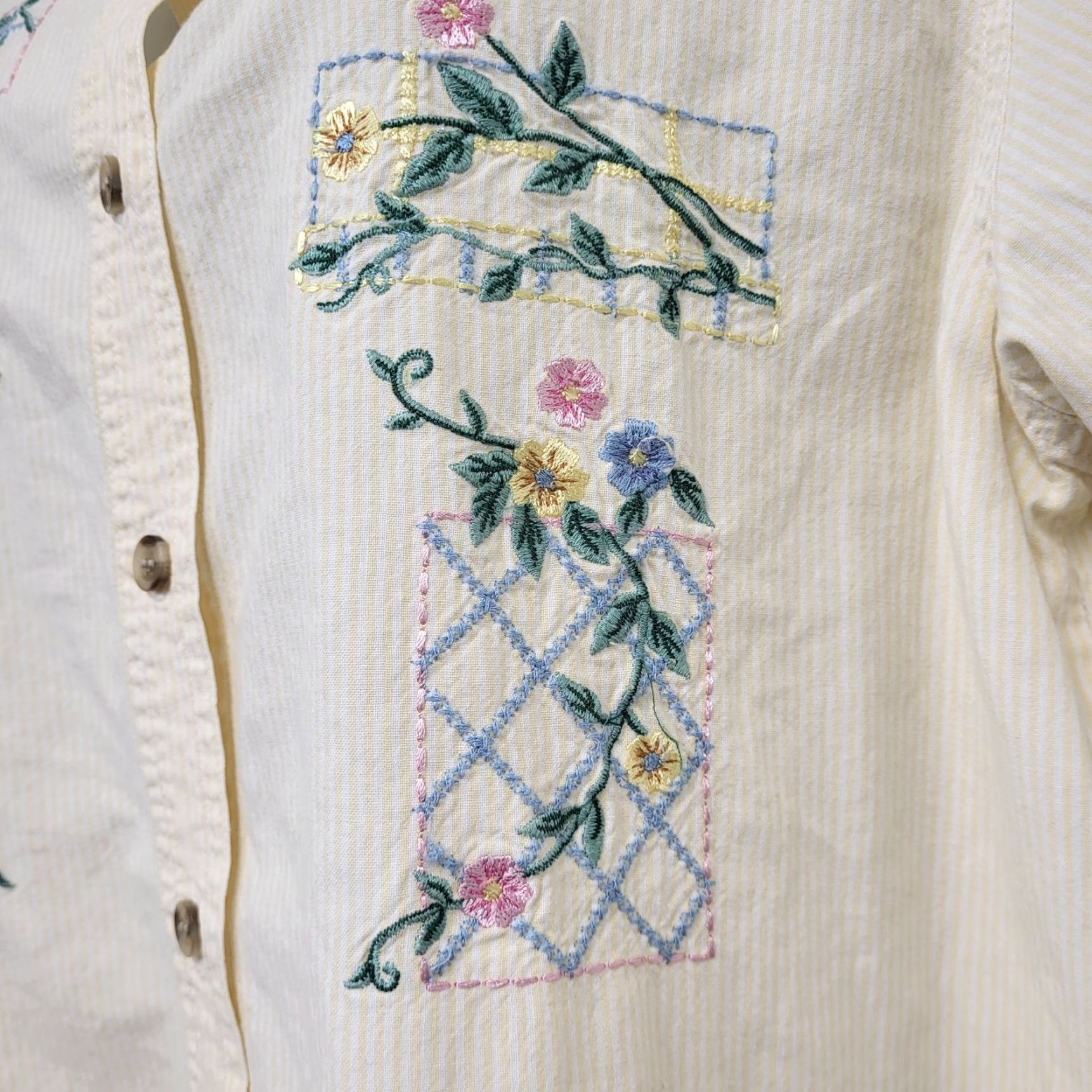Vintage VINTAGE Bobbi Brooks Women's Shirt L Striped Floral Embroidered Button-Up Yellow Blue 80s Classic Mens Womens Girls Size L / US 10 / IT 46 - 4 Thumbnail