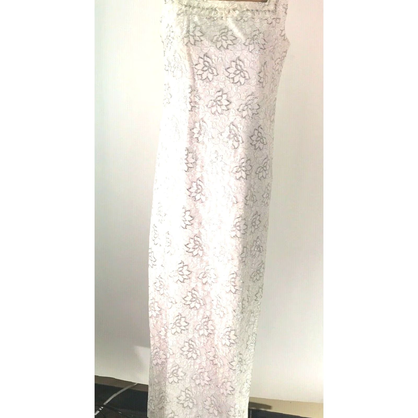 Vintage Womens Sleeveless Floral Print Embellished White Silver Maxi Gown Dress Size L Size L / US 10 / IT 46 - 2 Thumbnail
