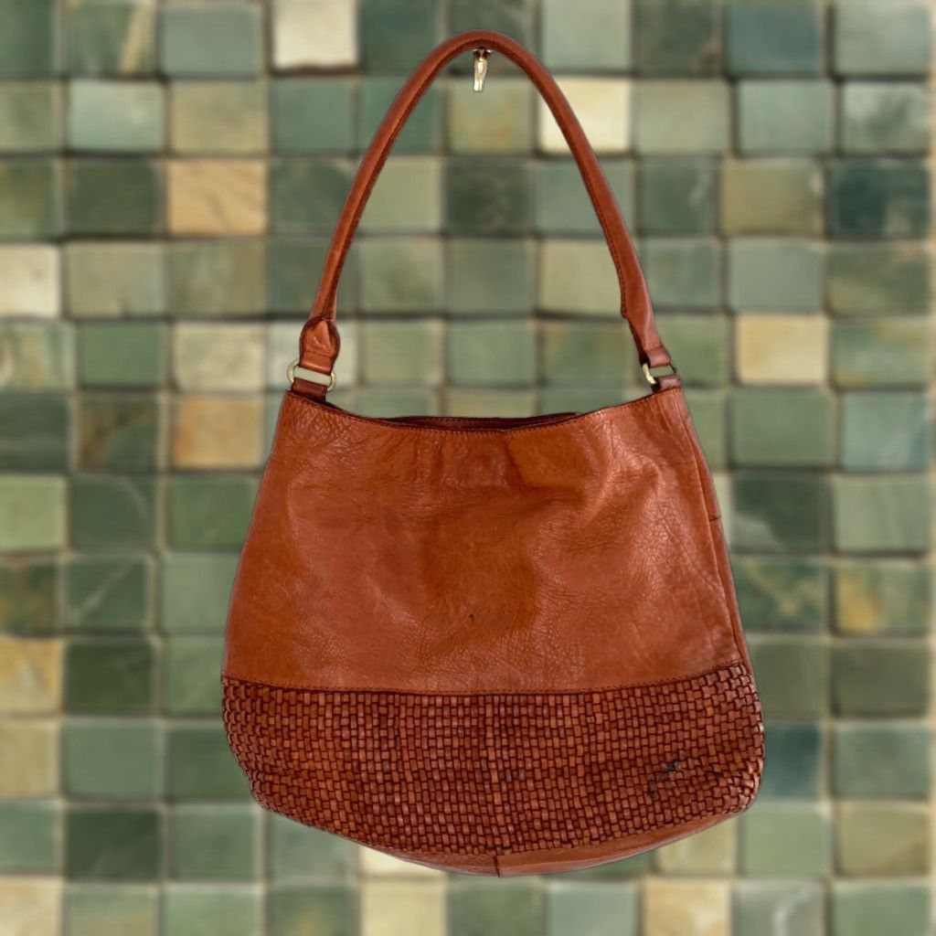 Vintage Marta Ponti Portugal Woven Leather Shoulder Bag Purse Women Medium Brown Distressed Leather 14in 11in 4in Size ONE SIZE - 1 Thumbnail