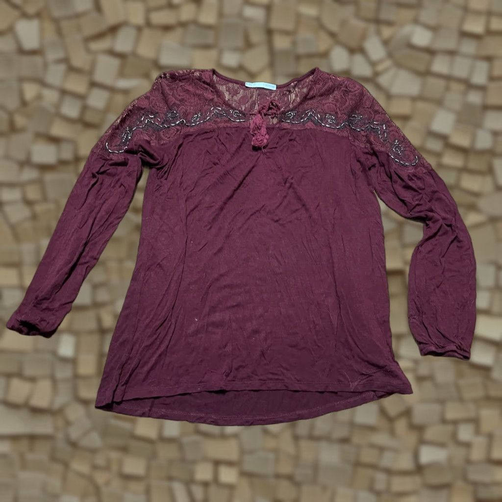 Vintage Maurices Shirt Women's Medium Burgundy Long Sleeve Lace V-neck T-Shirt Casual Fall Spring Summer Womens Size M / US 6-8 / IT 42-44 - 1 Thumbnail