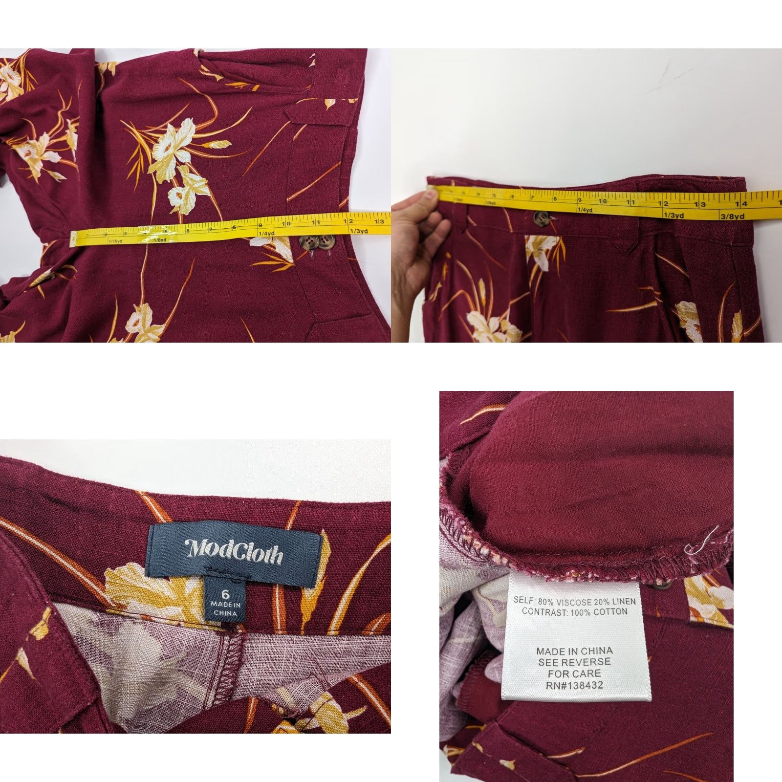 Vintage ModCloth Burgundy Floral Linen Blend Join Joyfully Culotte Pants Women’s Size 6 Size 28" / US 6 / IT 42 - 8 Thumbnail