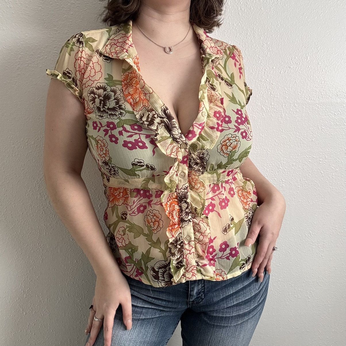 Other DE.CODED Y2K Yellow Floral Sheer Ruffle Button Up Top Size M / US 6-8 / IT 42-44 - 1 Thumbnail