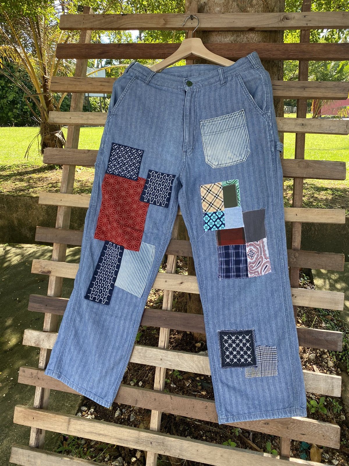 Image of Distressed Denim x Vintage Oshkosh Patchwork Fisher Stripe Carpenter Reworked Pant in Hickory Strip