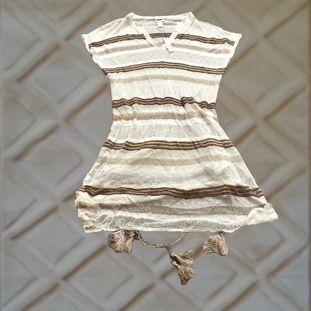 Vintage Chico's Fit and Flare Sweater Dress womens Dress S Beige Striped V-Neck Sleeveless Knitted Beaded Midi New with Tags Size S / US 4 / IT 40 - 1 Thumbnail