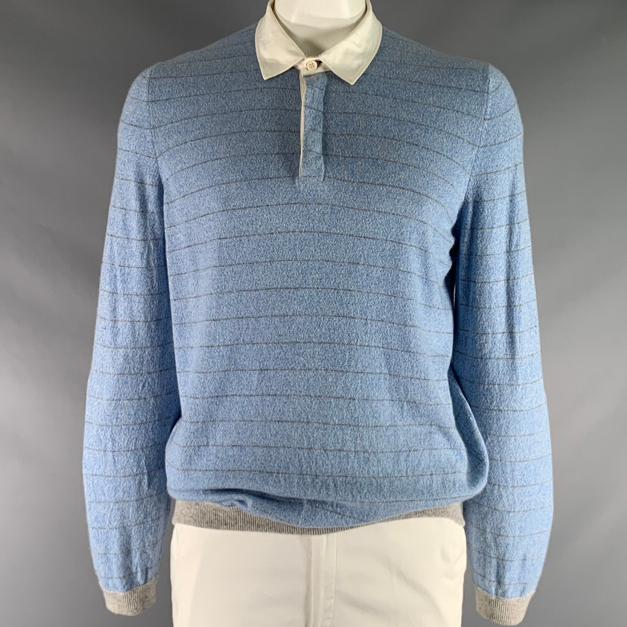 image of Brunello Cucinelli Blue Grey Stripe Cashmere Polo Pullover, Men's (Size 2XL)