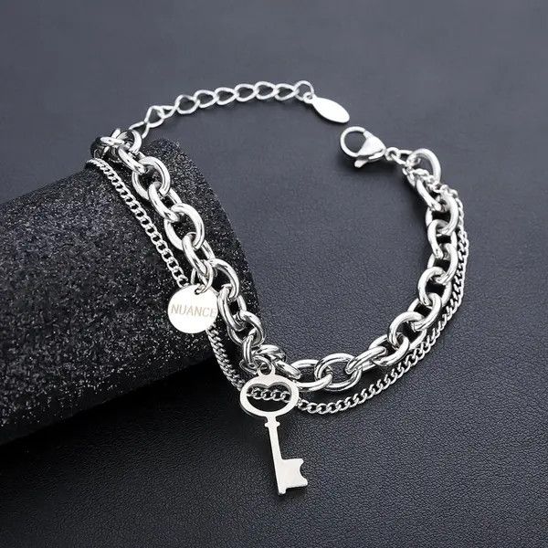 Jewelry Silver Double Chain Key Charm Bracelet, Layered Bracelet Size ONE SIZE - 8 Thumbnail