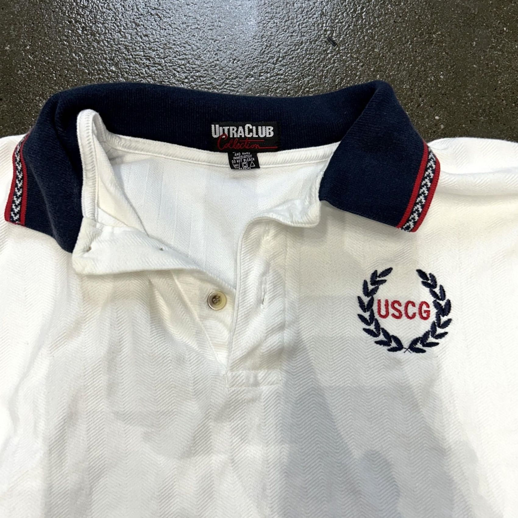 Vintage UltraClub Polo Shirt Mens XL White USCG Navy Trim Herringbone Cotton Casual Size US XL / EU 56 / 4 - 2 Thumbnail