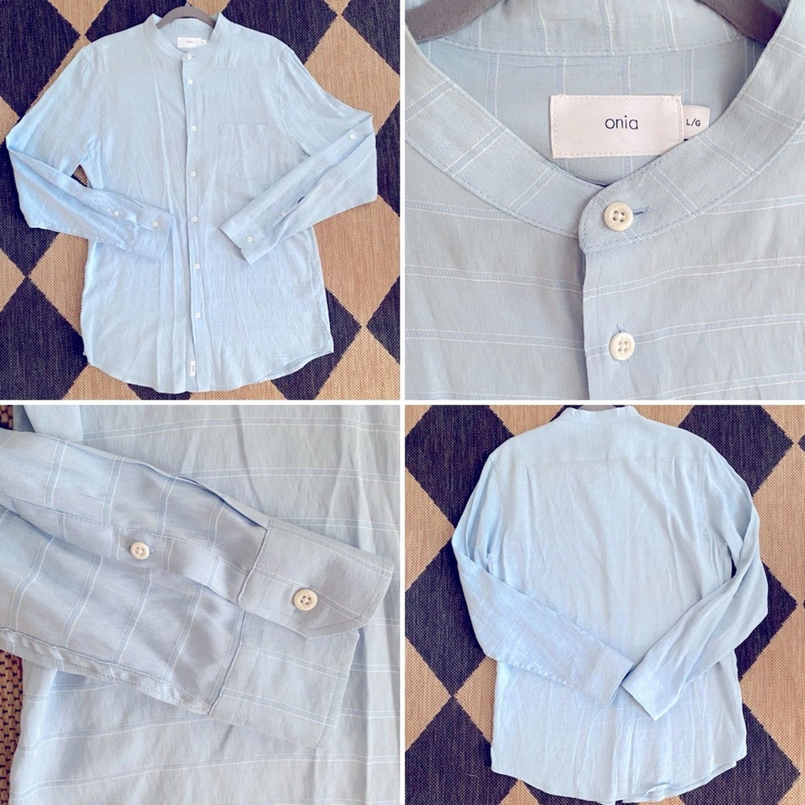 Onia ONIA Mens $189 Light Blue Mandarin Collar Shirt LG EUC Size US L / EU 52-54 / 3 - 1 Thumbnail