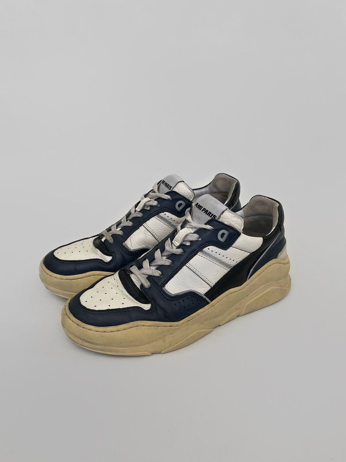 image of Ami Paris Alexandre Basket Bases Leather Sneakers in Blue White, Men's (Size 9)