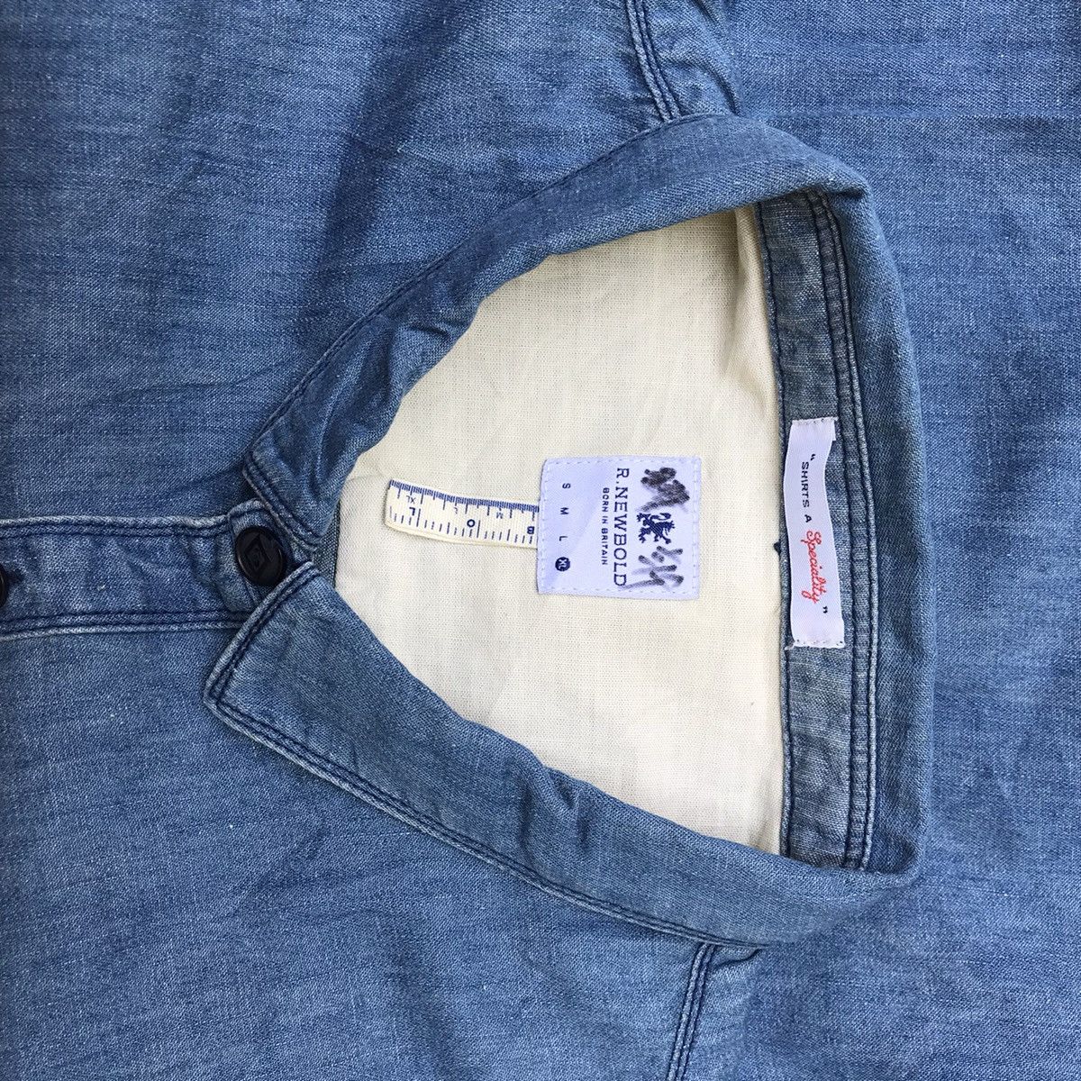 Designer × R.Newbold × Vintage R.NEWBOLD Born in Britain long sleeve denim blue polkadot Size US XL / EU 56 / 4 - 15 Thumbnail