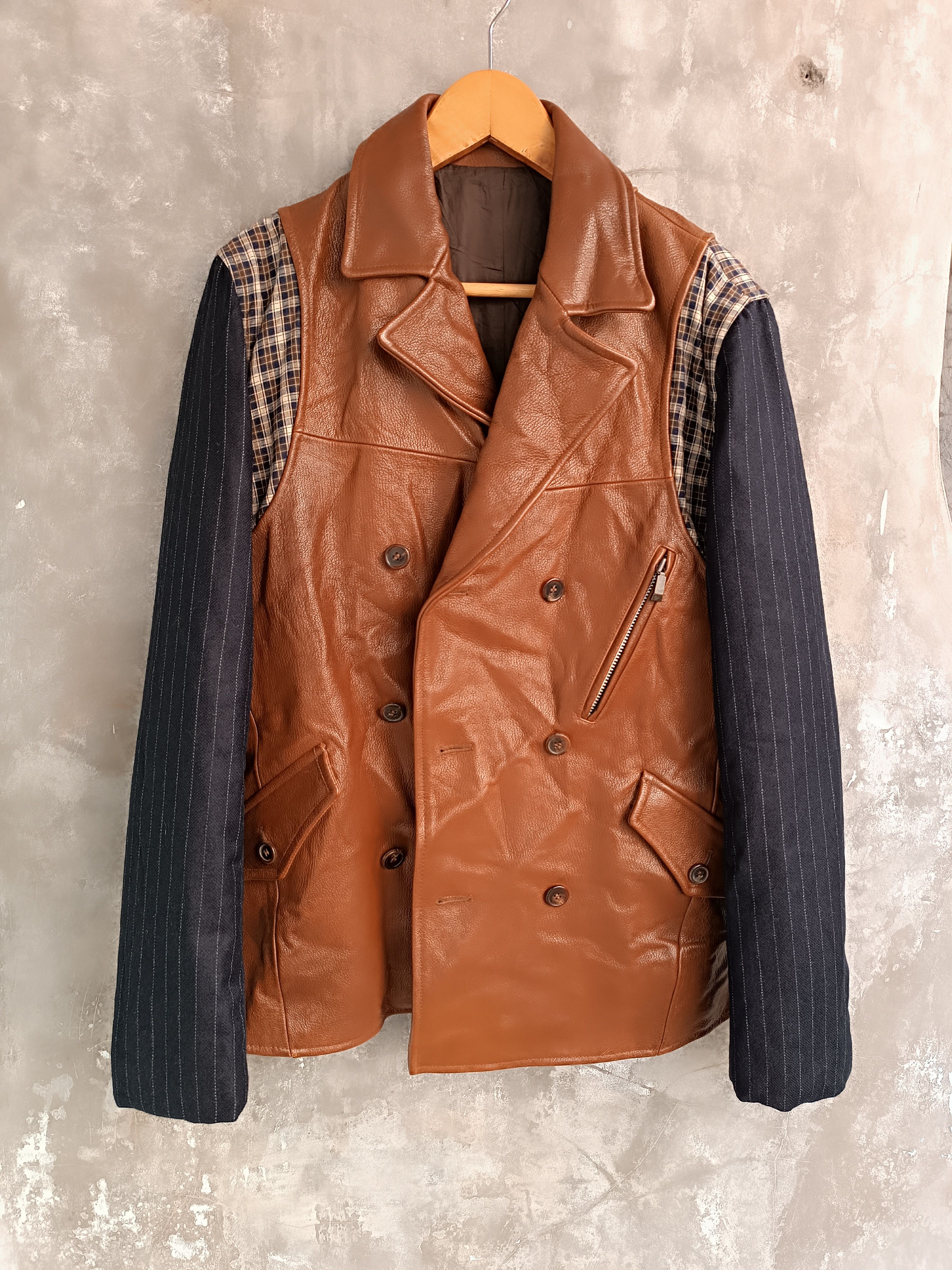 Japanese Brand × Other RARE 🔥 BLAZER JACKET WITH A COMBINATION OF BROWN LEATHER Size 52S - 1 Thumbnail