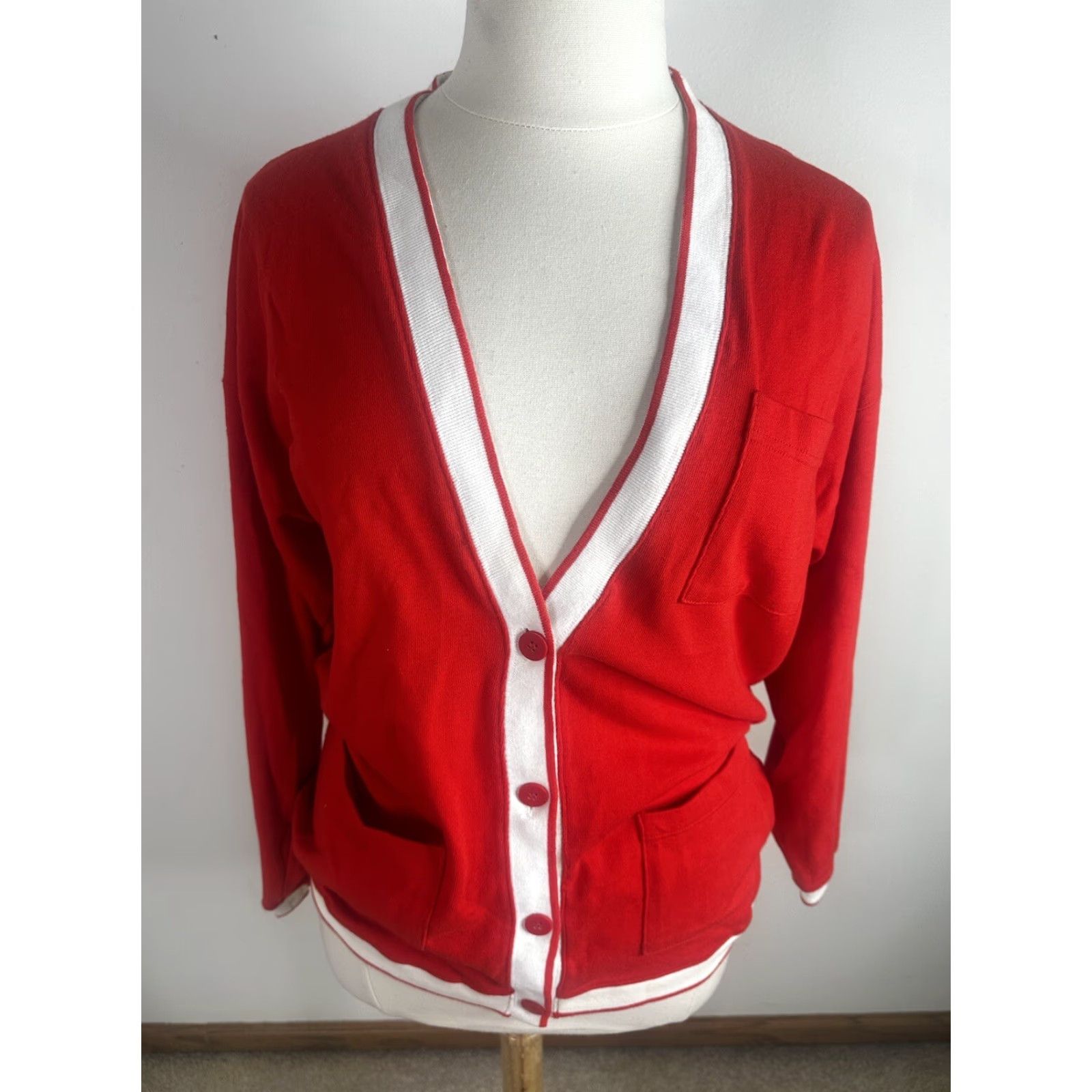 Vintage VINTAGE Cardigan Sweater 80s 90s Striped Red Cotton Women’s Large L Oversized Knit Size L / US 10 / IT 46 - 2 Thumbnail