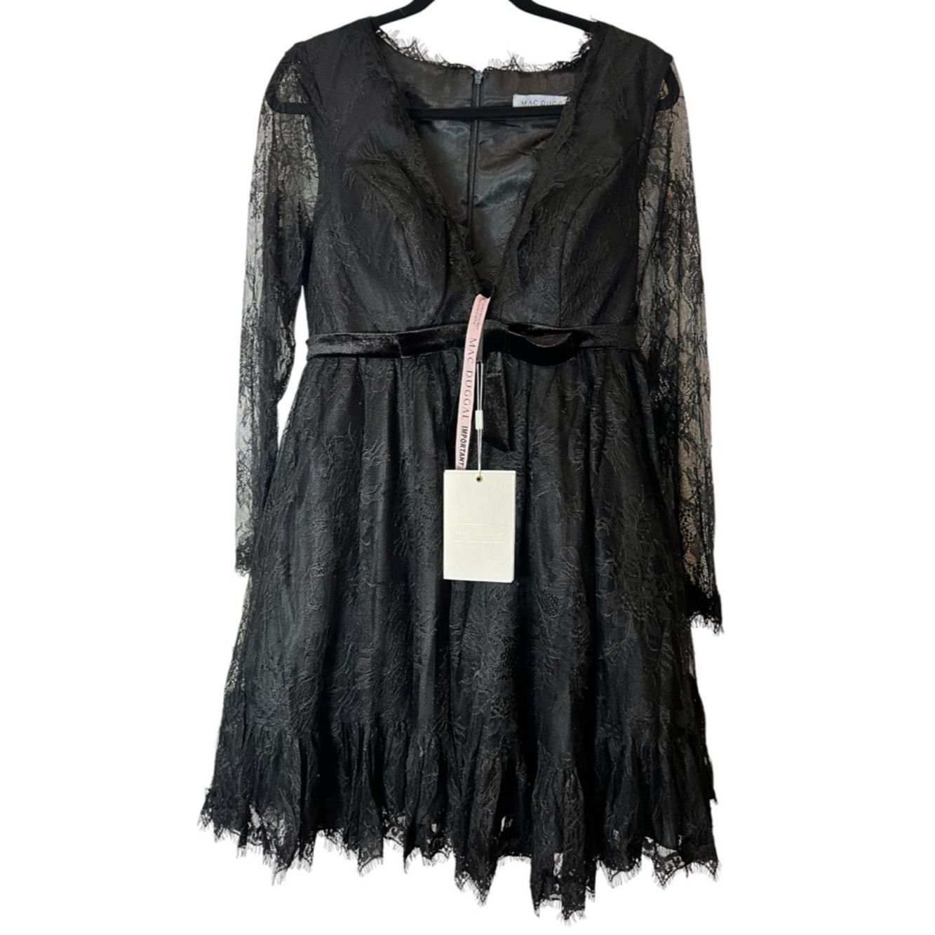 Mac Duggal Mac Duggal Black Lace Long Sleeve Mini Dress A-Line V-Neck Size M / US 6-8 / IT 42-44 - 4 Thumbnail