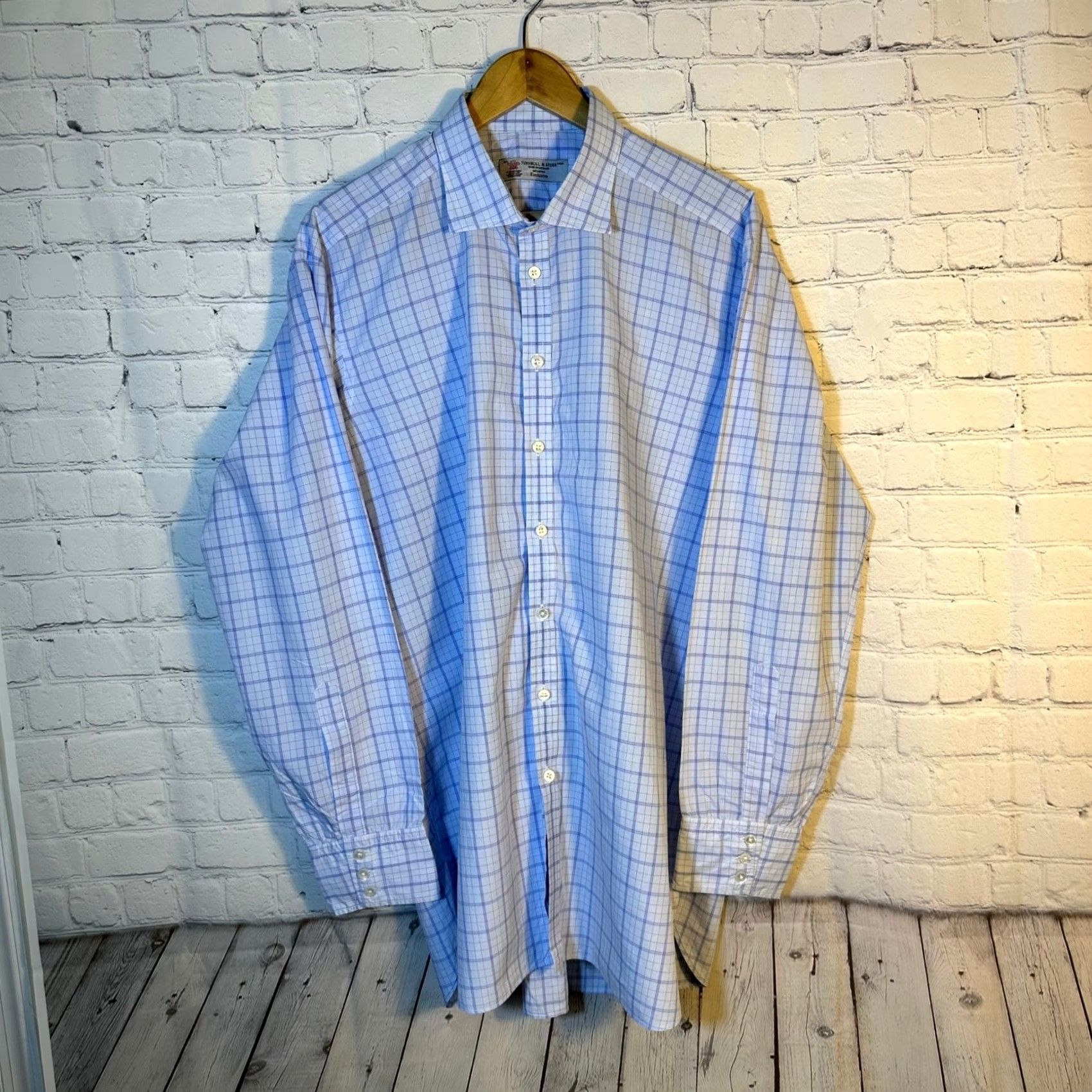 Turnbull & Asser Turnbull & Asser Dress Shirt Blue Grid Check 100% Cotton Mens 17.5 44cm England Worldwide Shipping Size 48R - 2 Thumbnail