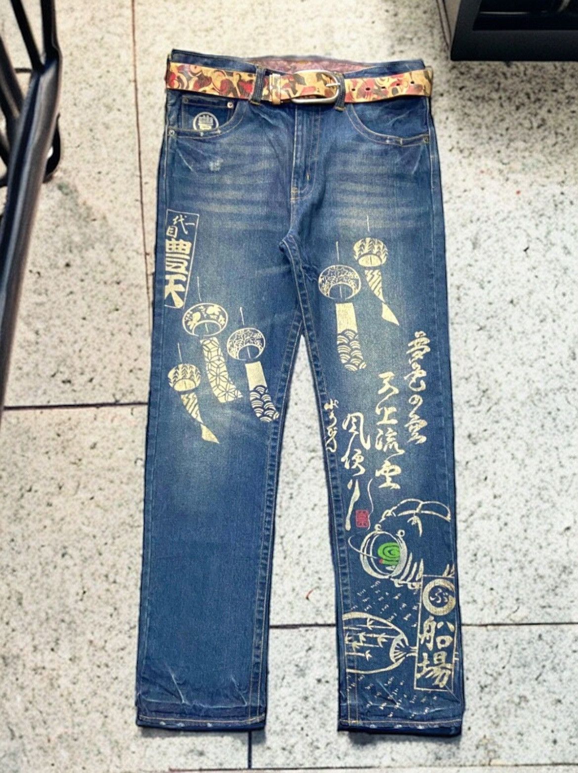 image of Ed Hardy Shibuya Ct Japan Poem Printed Denim Pants With Leather Belt in Blue Wash, Men's (Size 34)