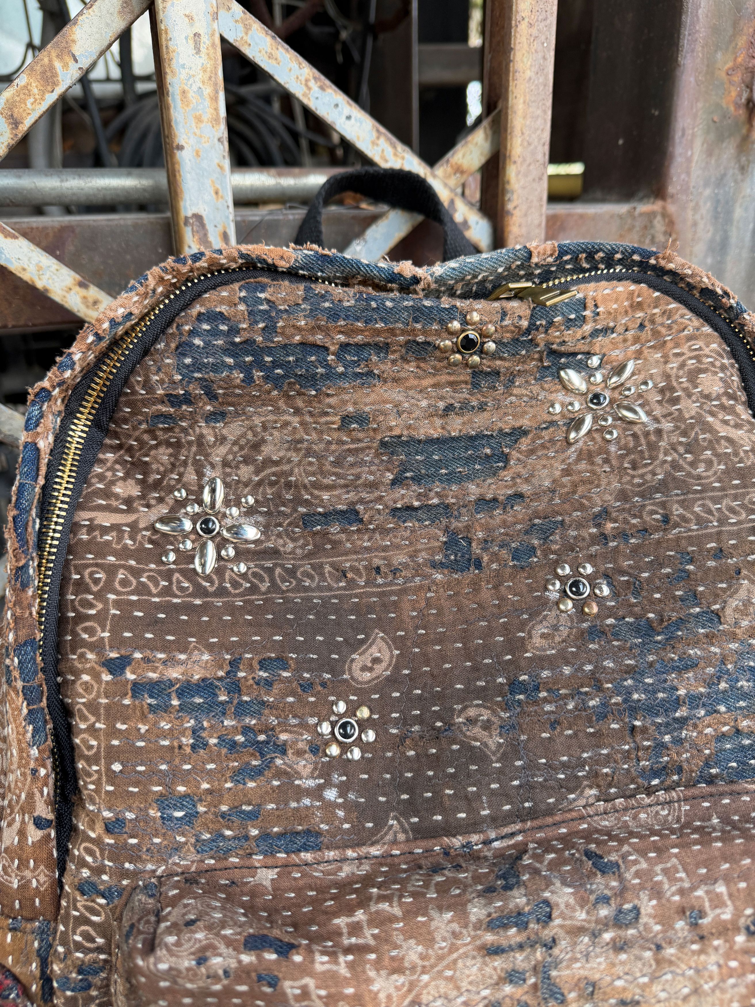 Japanese Brand BORO SASHIKO Studded FLOWER Backpack 🕷️🕸️ Size ONE SIZE - 8 Thumbnail
