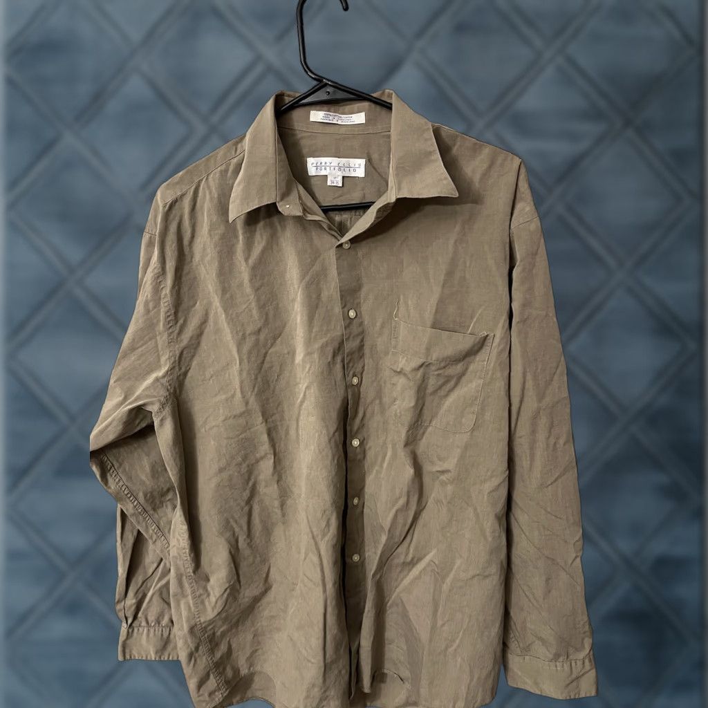 Perry Ellis PERRY ELLIS Portfolio Button-Down Shirt Men 17 Slim Fit Brown Beige Cotton Spandex Solid Casual Business 17 Mens Size US XL / EU 56 / 4 - 1 Thumbnail