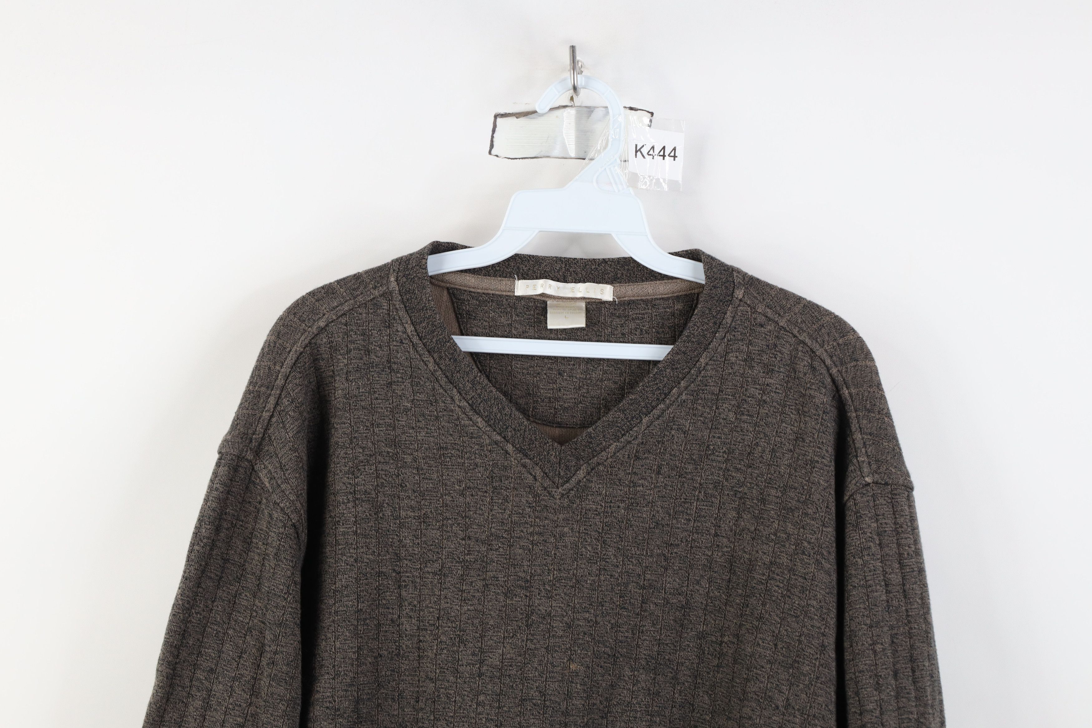 Vintage Vintage 90s Perry Ellis Ribbed Knit V-Neck Sweater Brown Size US L / EU 52-54 / 3 - 2 Thumbnail