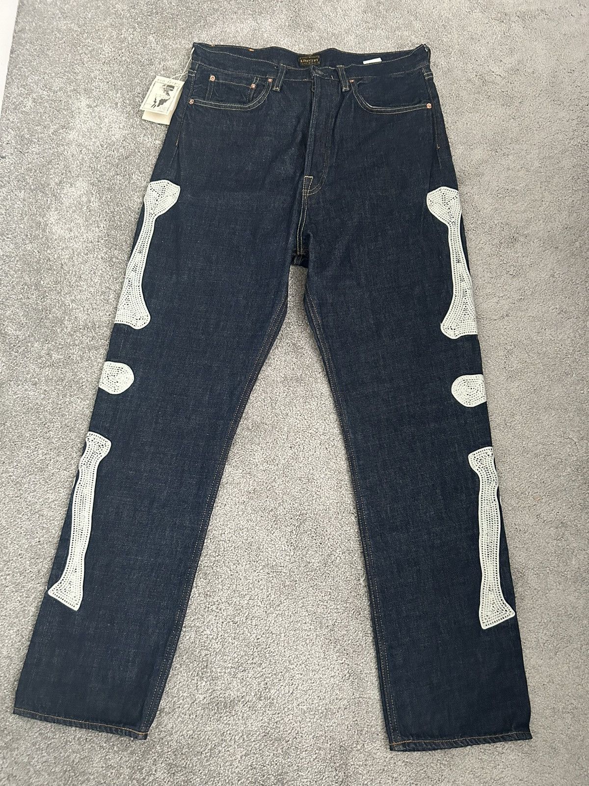 image of Kapital Slim-Fit Crochet-Trimmed Jeans in Blue, Men's (Size 32)