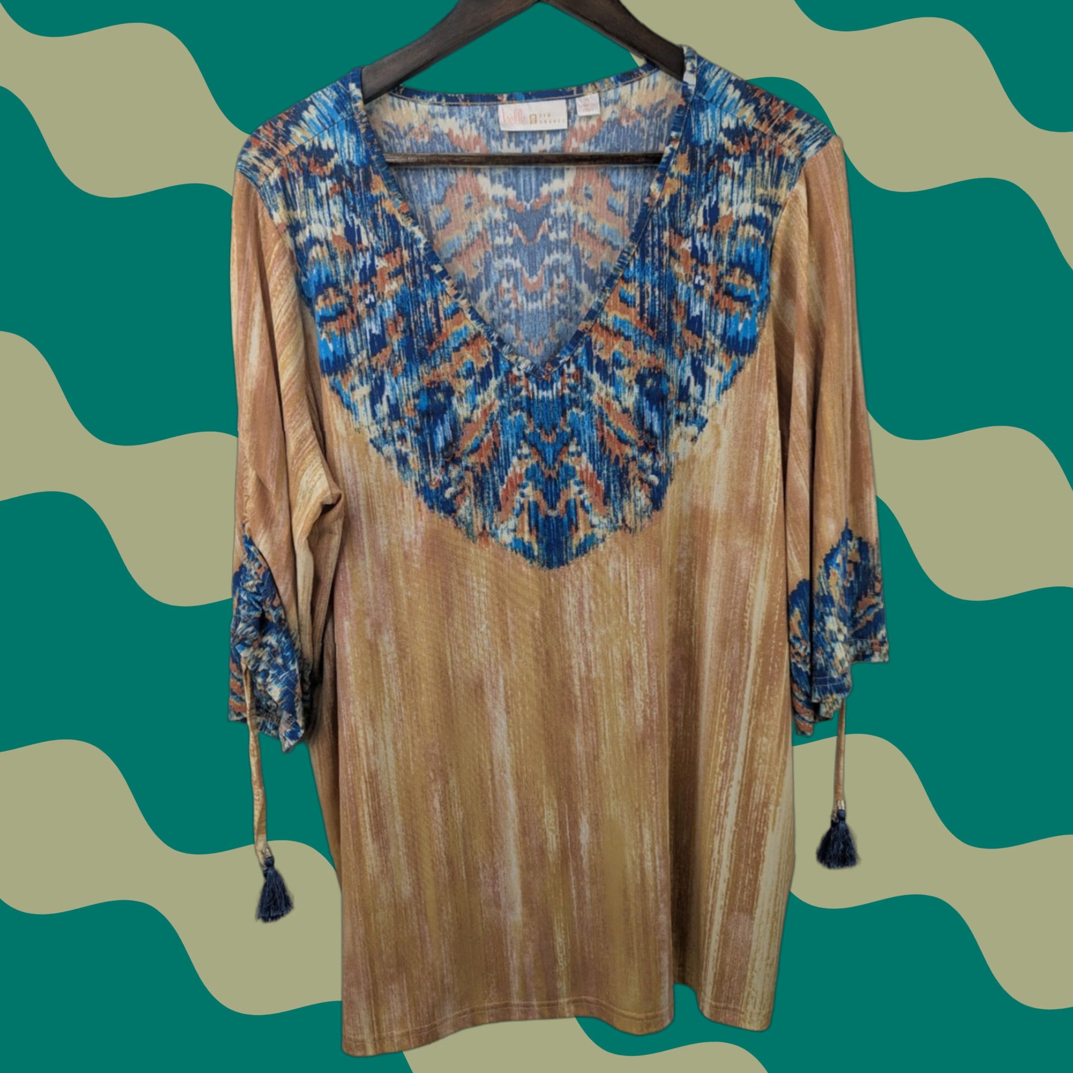 Vintage Belle by Kim Gravel Blouse 1X Blue Orange Bohemian Print V-Neck 3/4 Sleeve Shirt Womens Size XL / US 12-14 / IT 48-50 - 1 Thumbnail