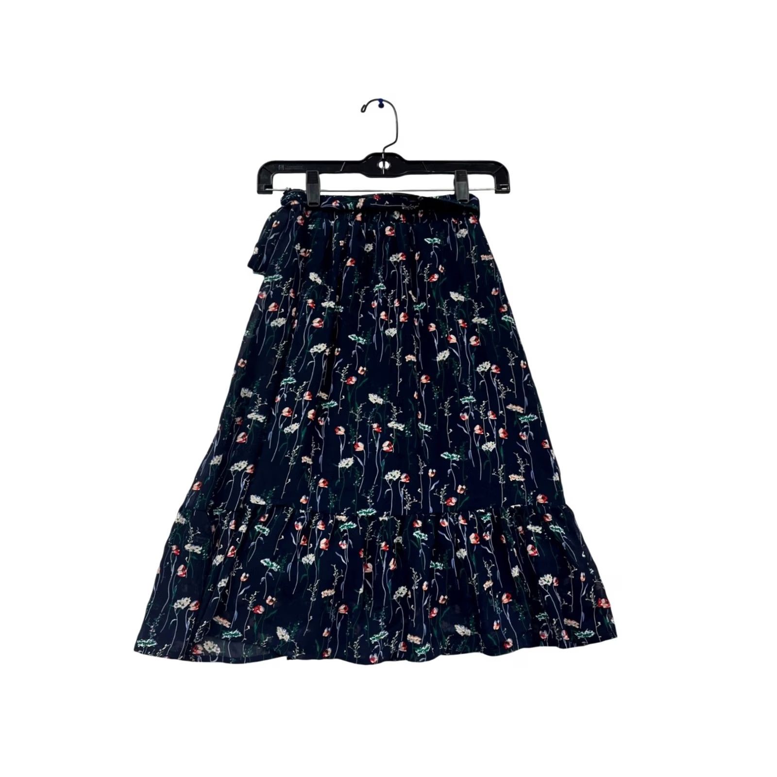 Vintage Roolee XS Floral Ruffle Midi Skirt Navy Womens XS Skirt Midi Floral Print 409A Size 26" / US 2 / IT 38 - 2 Thumbnail