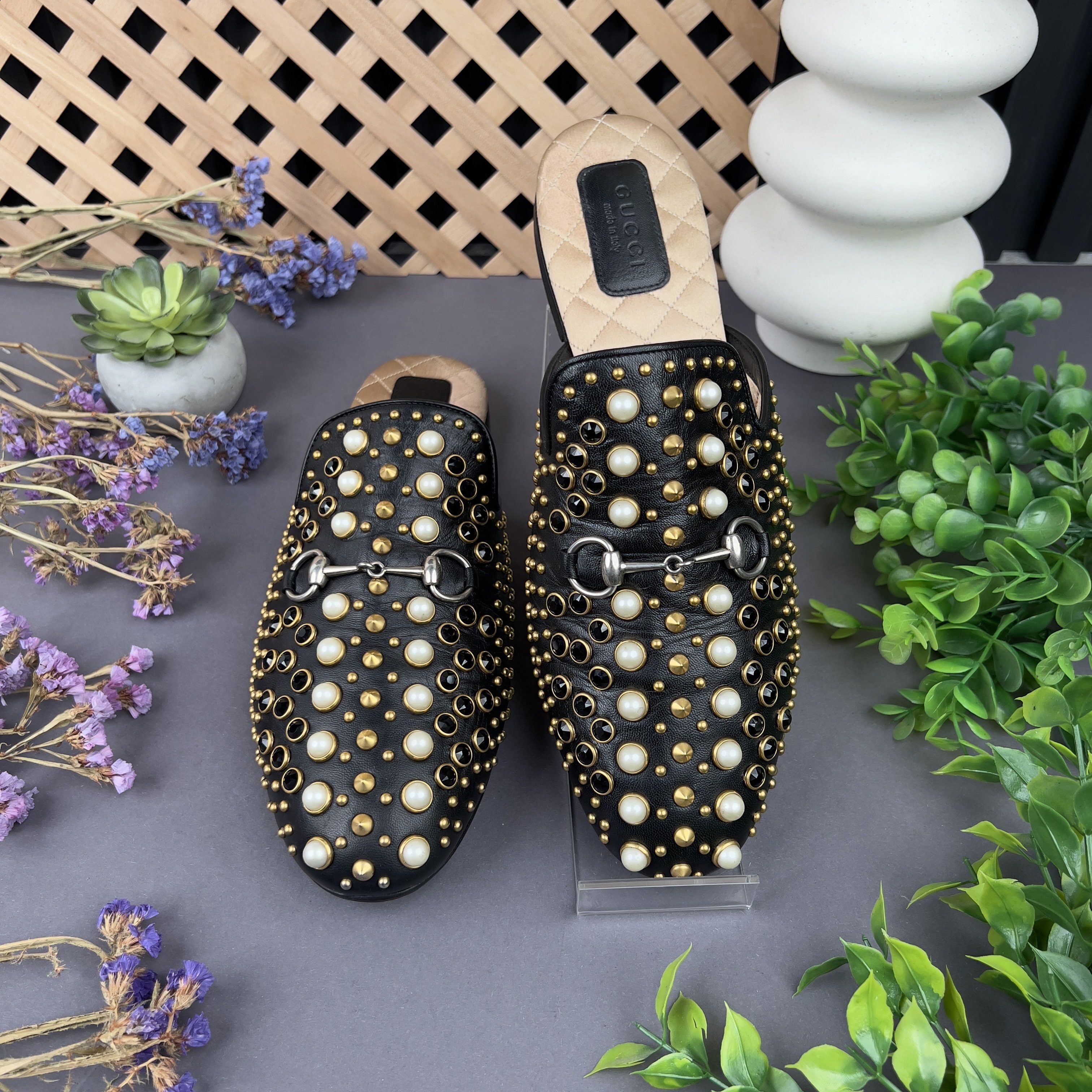 Gucci Princetown Horsebit Pearl Studded Black Leather Size US 8 / IT 38 - 3 Thumbnail