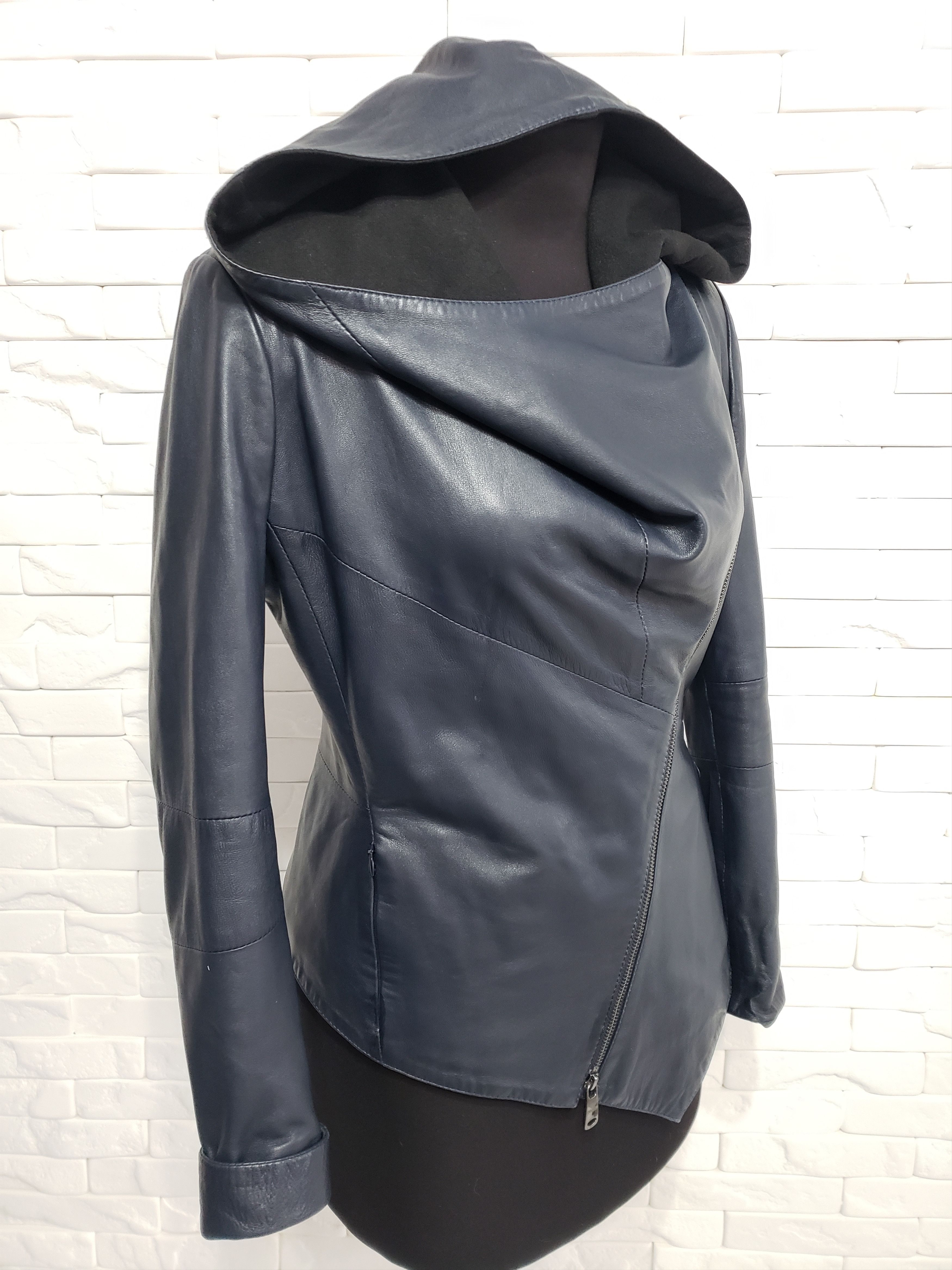 Genuine Leather Stylish blue leather jacket for women with a hood. Size L / US 10 / IT 46 - 3 Thumbnail
