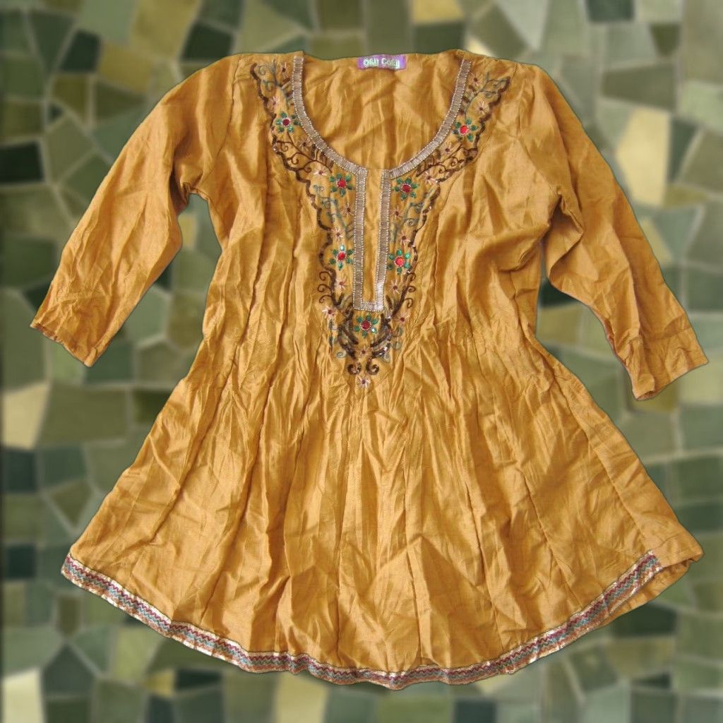 Vintage VINTAGE Oky Coky Brown 3/4 Sleeve Scoop Neck Beaded Floral Peasant Blouse Large Size L / US 10 / IT 46 - 1 Thumbnail