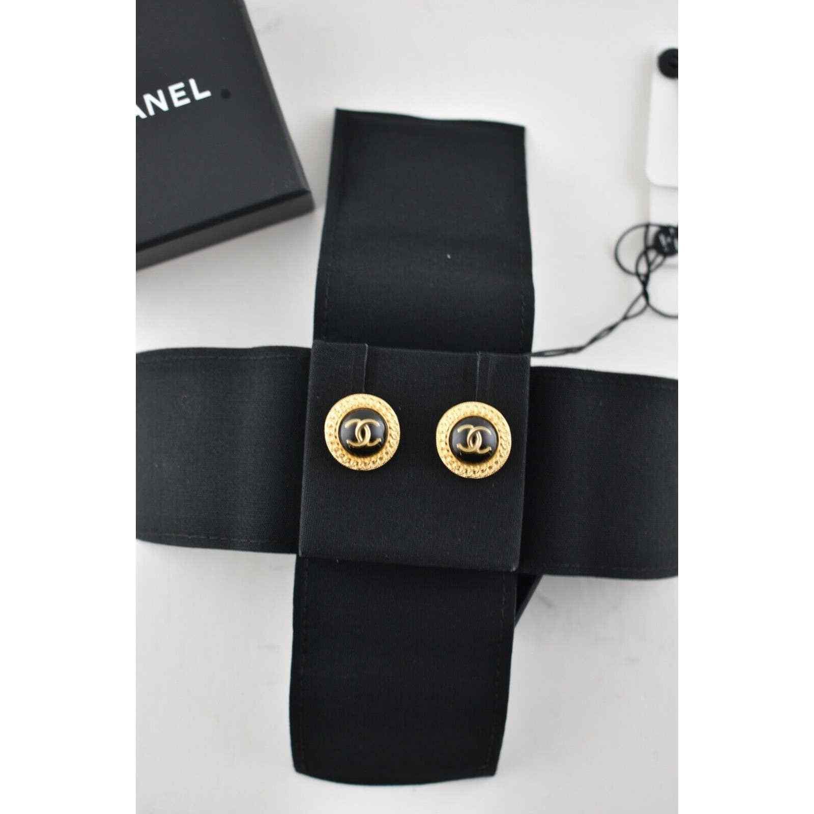 Chanel Chanel Gold Black Chain Link Dangle Statement Stud Earrings Size ONE SIZE - 4 Thumbnail