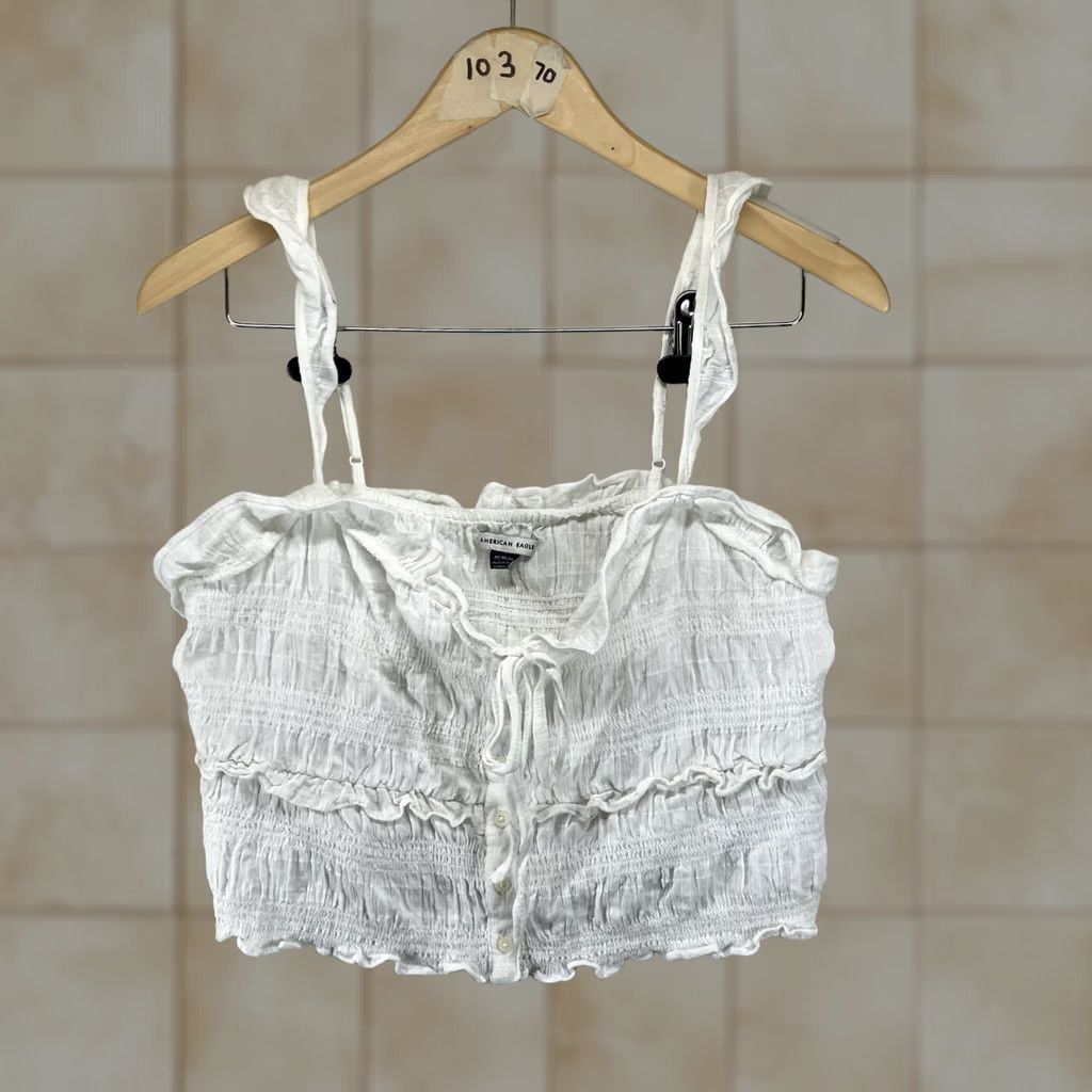 American Eagle Outfitters American Eagle Smocked Crop Top Medium White Ruffle Button Front Tie Strap Maid Size M / US 6-8 / IT 42-44 - 1 Thumbnail
