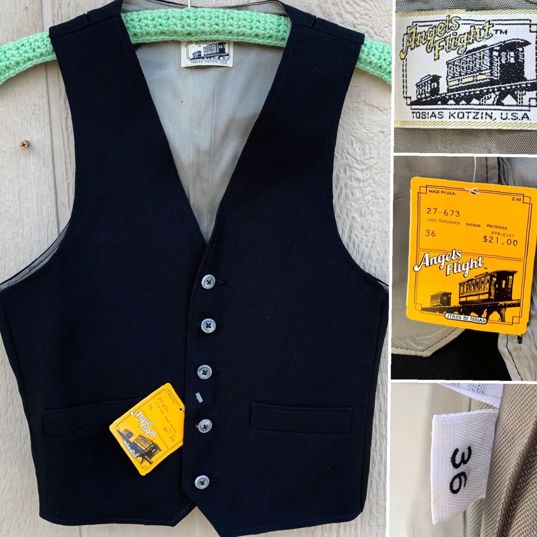 Vintage VINTAGE Angels FlightVest Mens 36 Black USA 70s 80s disco button lining holes tag original Size US XXS / EU 40 - 2 Thumbnail