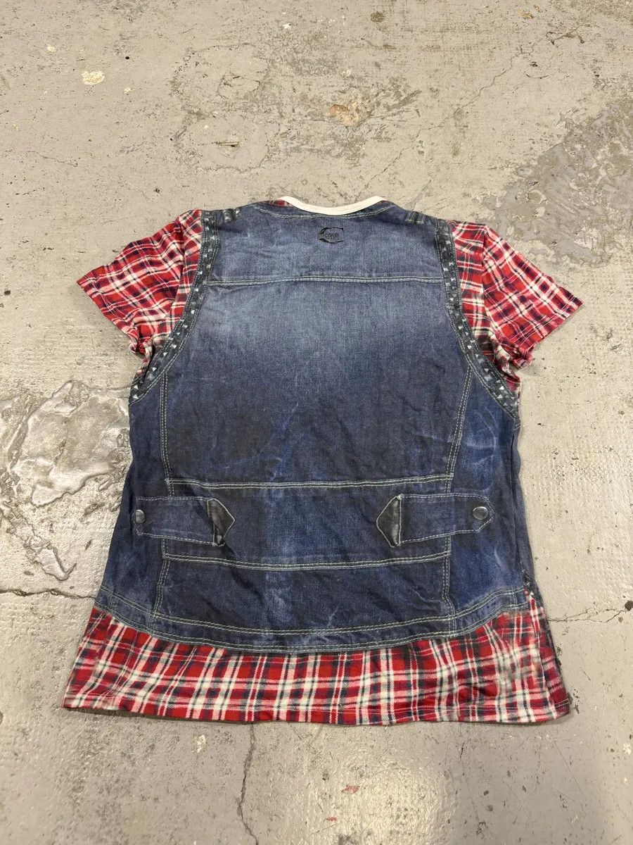 Designer × Just Cavalli × Vintage 2000s Cavalli Trompe L’Oeil Denim Blue & Red Tartan T-Shirt Size US S / EU 44-46 / 1 - 4 Thumbnail
