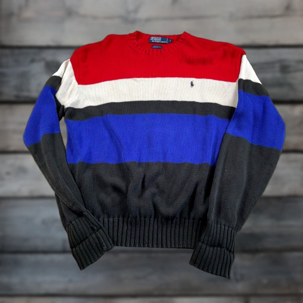 Polo Ralph Lauren Sweater Adult Large Black Red Striped Chunky Cotton Knit Mens