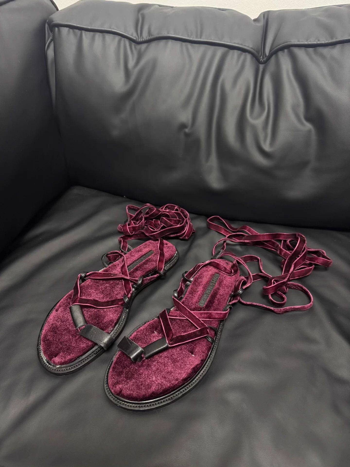 Haider Ackermann Haider Ackermann Red Velvet Long Strap Sandals 36 Size US 5 / IT 35 - 1 Thumbnail