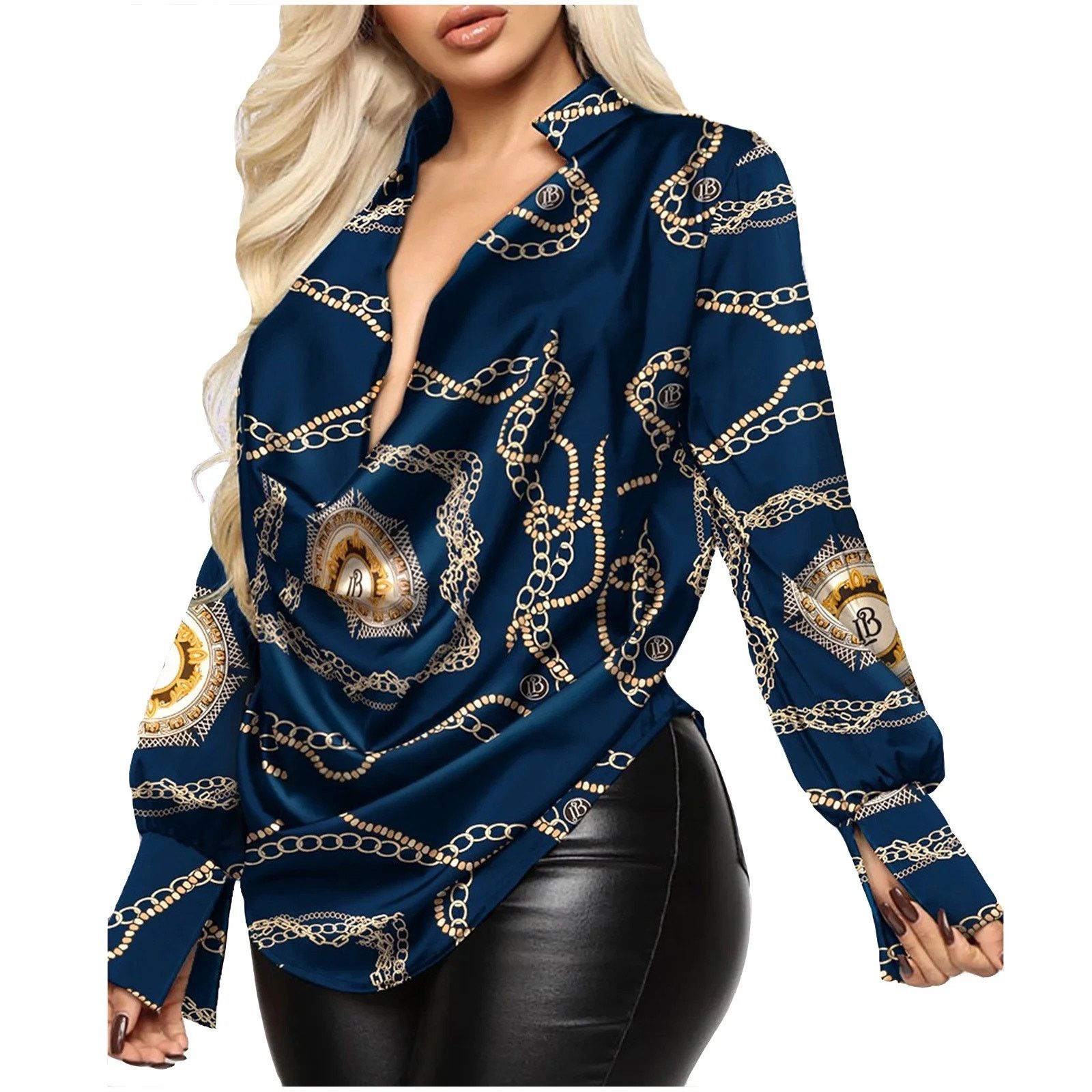 Other Womens Navy Chain Baroque Print Cowl Neck Long Sleeve Top L Size L / US 10 / IT 46 - 9 Thumbnail