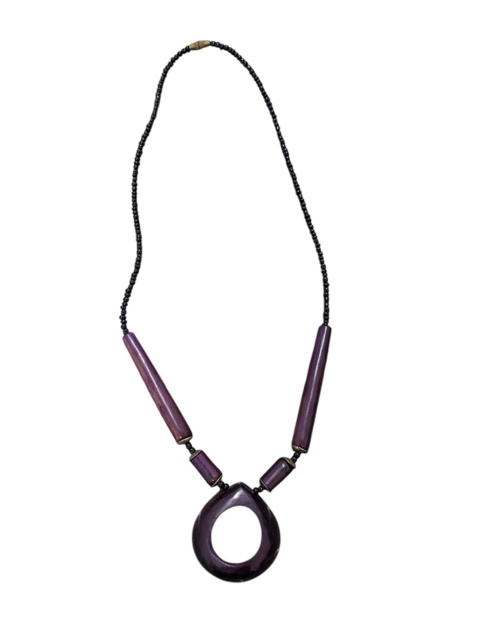 Japanese Brand PURPLE BEADED NECKLACE & LARGE PENDANT OF TAGUA NUT/WOOD Size ONE SIZE - 1 Thumbnail