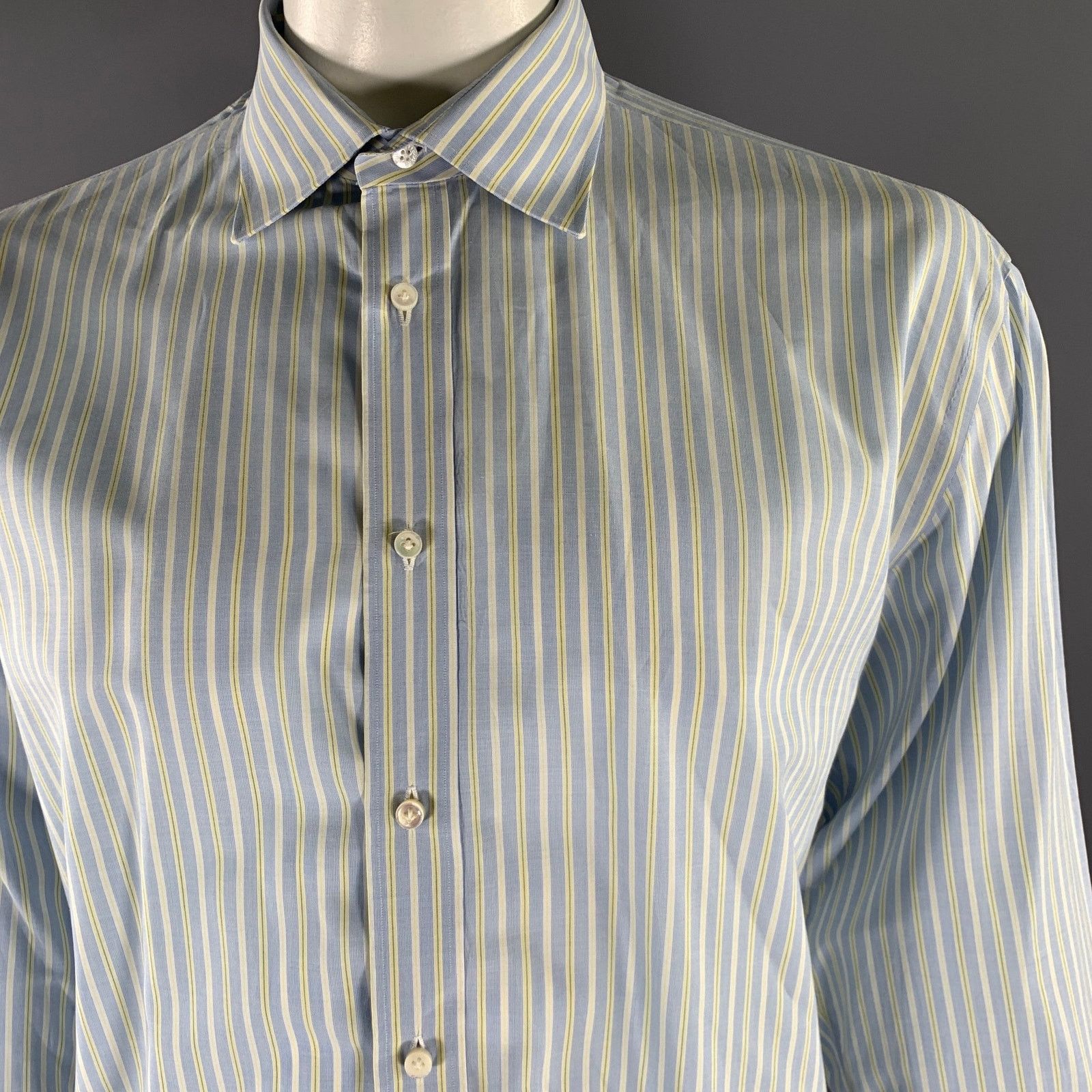 Bergdorf Goodman BERGDORF GOODMAN XL Blue Yellow Stripe Cotton L/S Shirt Size US XL / EU 56 / 4 - 2 Thumbnail