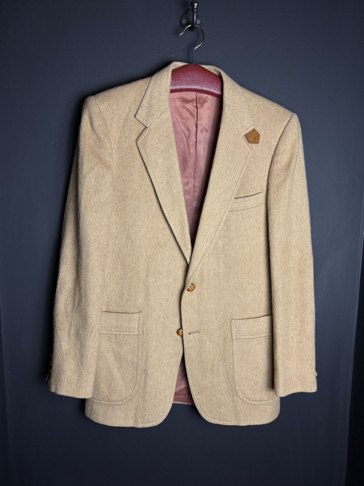 Camel × Vintage Vintage Camel Hair Blazer Suede Shoulder Patch Size 40R - 10 Thumbnail