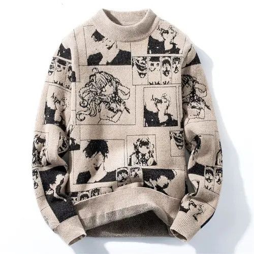 image of Anime Men's Oversize Sweaters Mens Jumper Long Sleeve in Brown (Size 2XL)