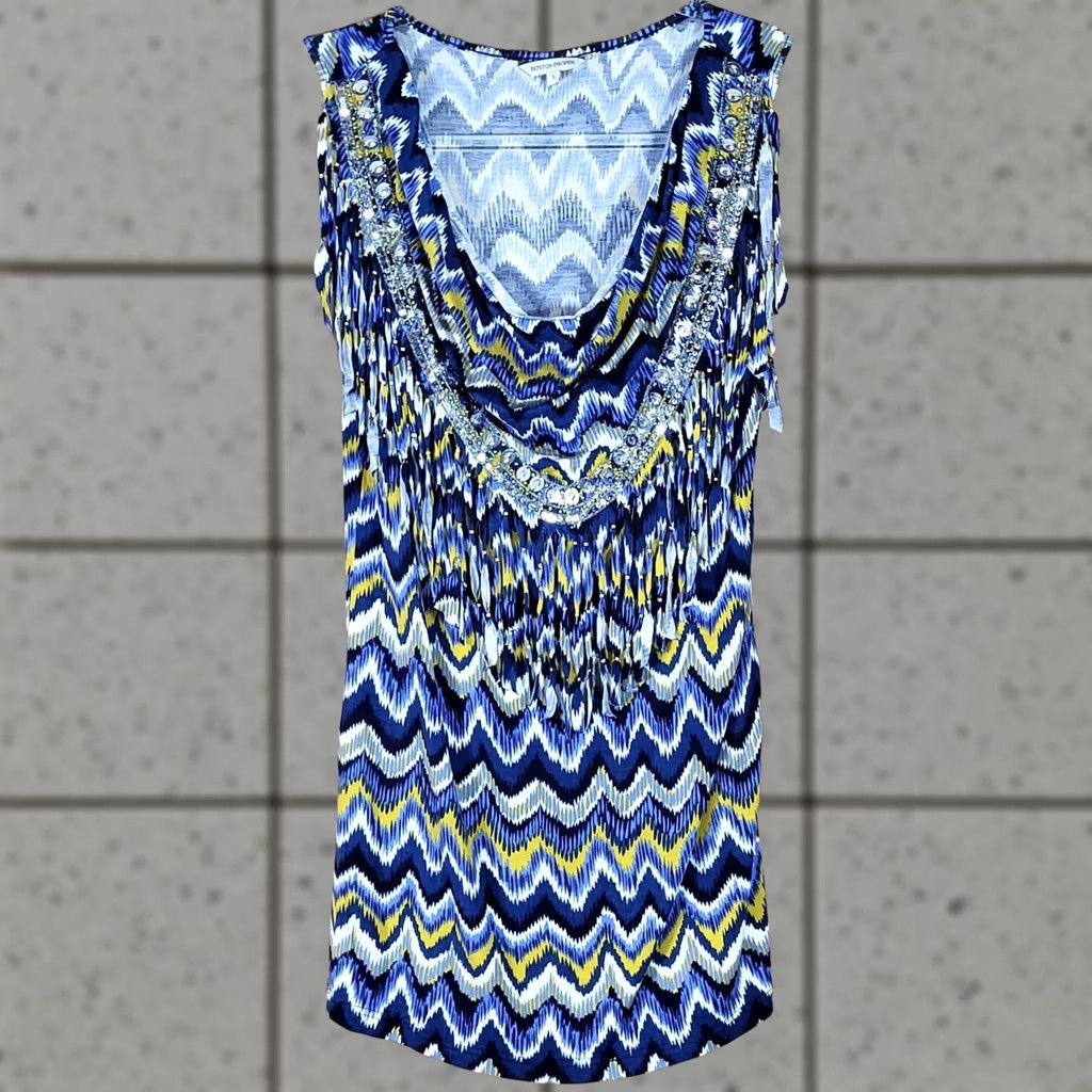 Boston Proper Boston Proper Tank Top Womens Small Embellished Fringe Chevron Blue Yellow Size S / US 4 / IT 40 - 1 Thumbnail