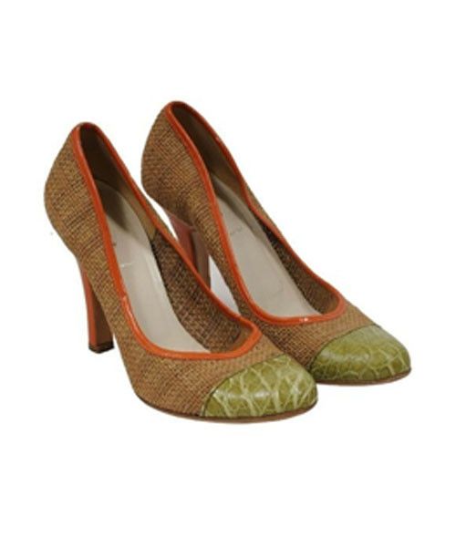 Prada Jute Heels Pumps Tan Orange Green Croc Toe Box Size US 7.5 / IT 37.5 - 1 Thumbnail