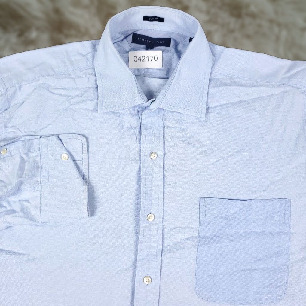 Tommy Hilfiger VINTAGE Tommy Hilfiger Shirt Mens 17 Blue Dress Button Up Long Sleeve Size 46R - 1 Thumbnail