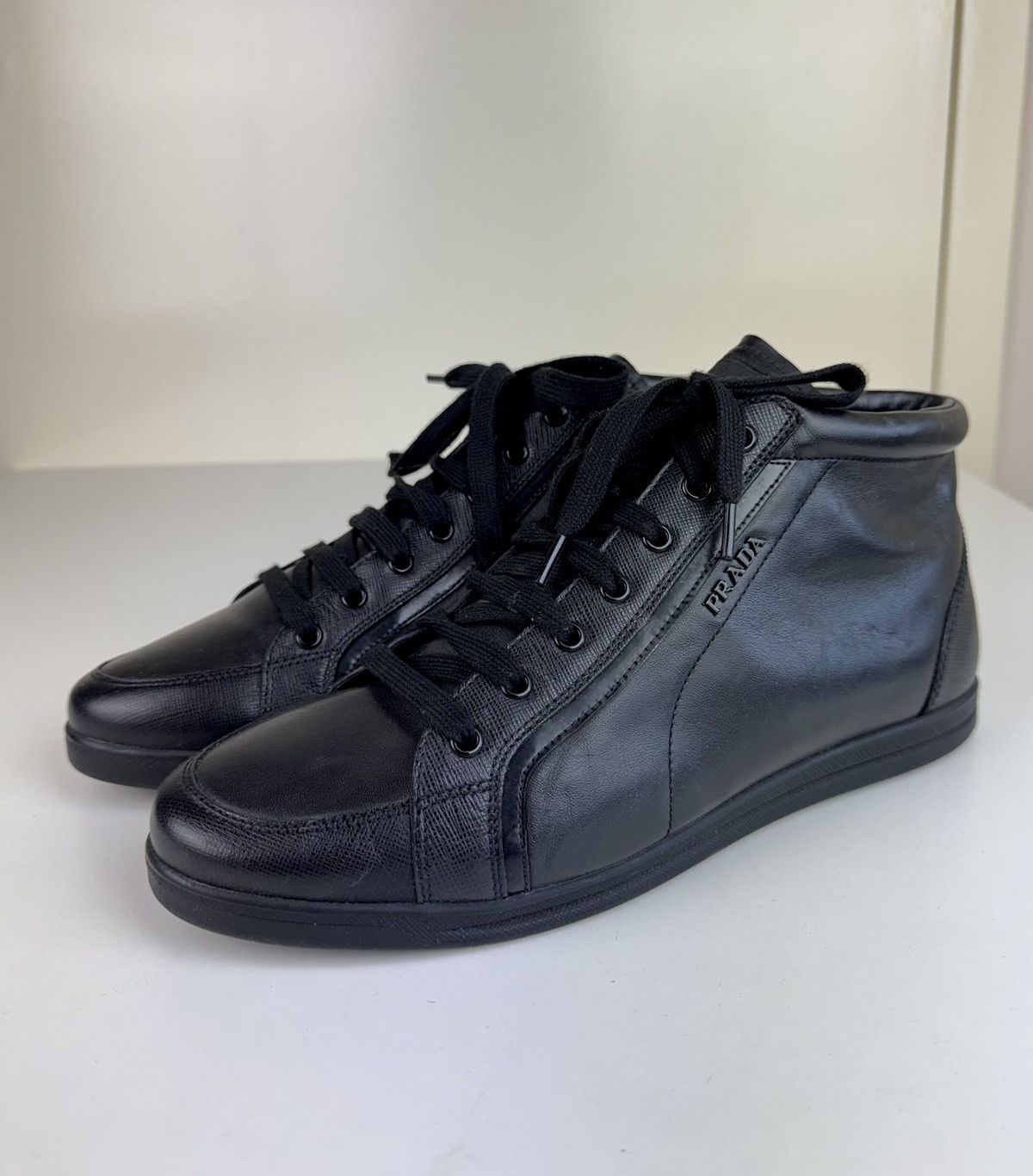 Prada Prada High Top Saffiano Leather Black Sneakers Trainers Boot Size US 10 / IT 40 - 2 Thumbnail