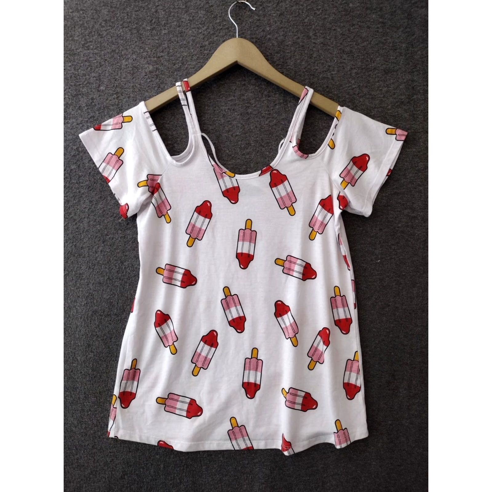 Vintage Women’s Off Shoulder S Round Neck Short Sleeve T Shirt Top Popsicles Shirt, White/Multi, Small, Regular, Womens Size S / US 4 / IT 40 - 2 Thumbnail