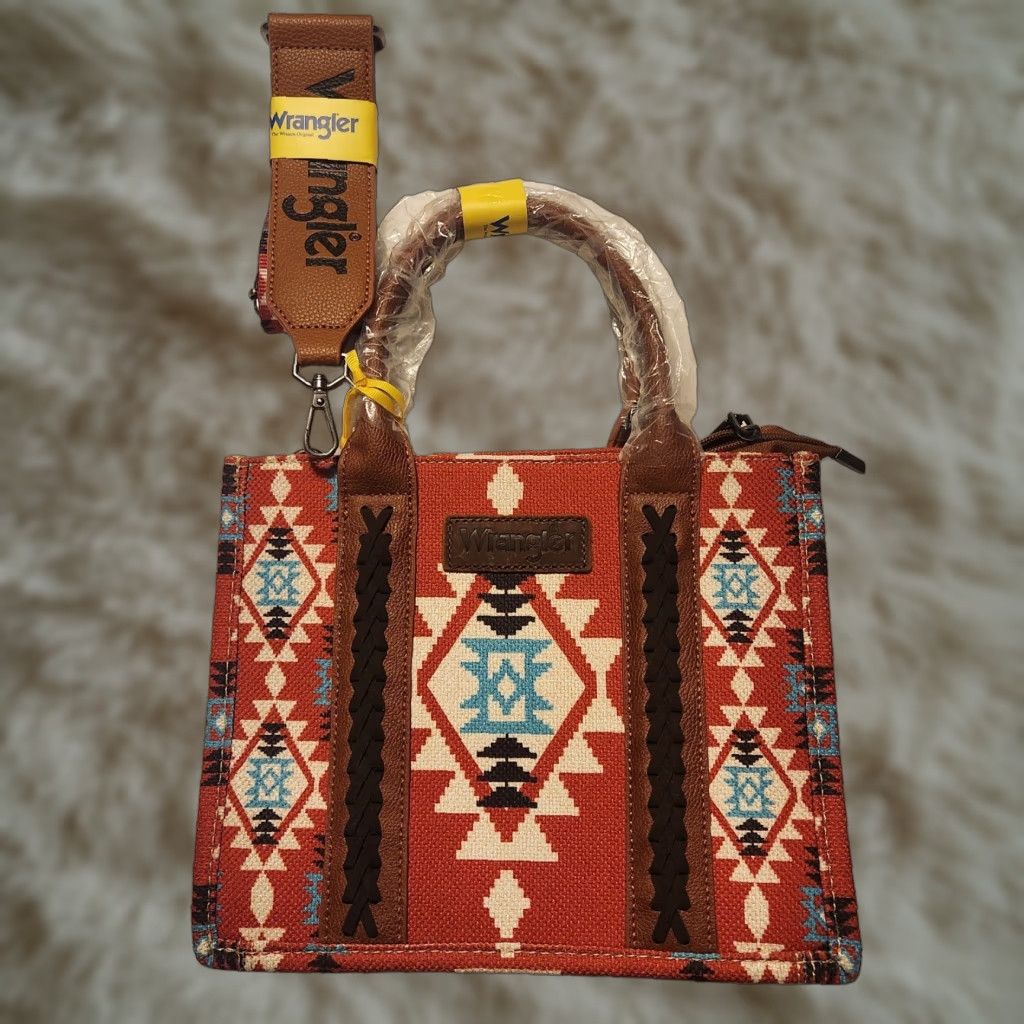 Wrangler VINTAGE Wrangler Southwestern Aztec Print Canvas Purse Tote Crossbody Bag Burgundy New Size ONE SIZE - 1 Thumbnail
