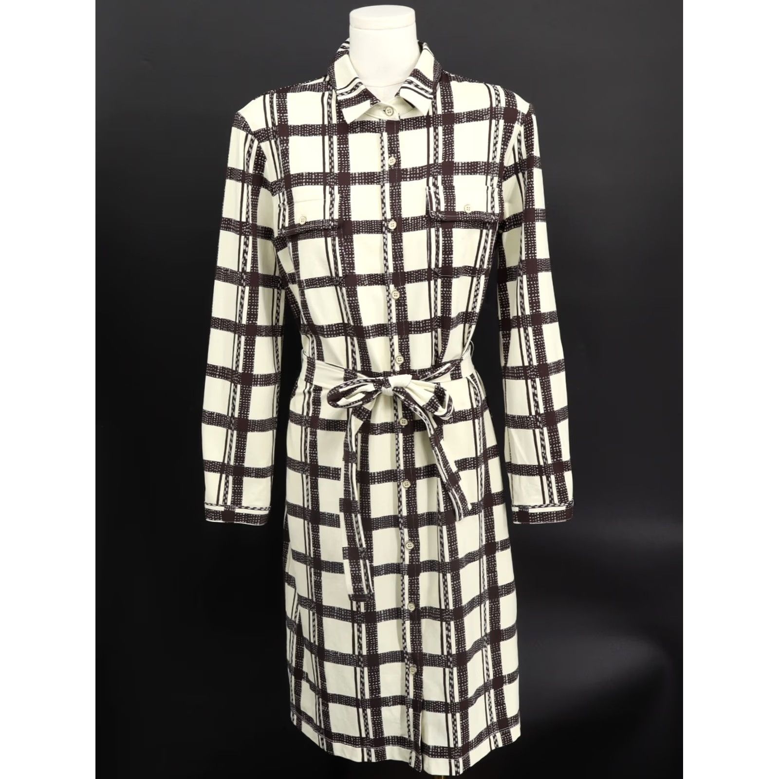 J.McLaughlin J. McLaughlin Women's Catalina Cloth Stretch Plaid Button Up Dress Cream/Brown M Size M / US 6-8 / IT 42-44 - 3 Thumbnail