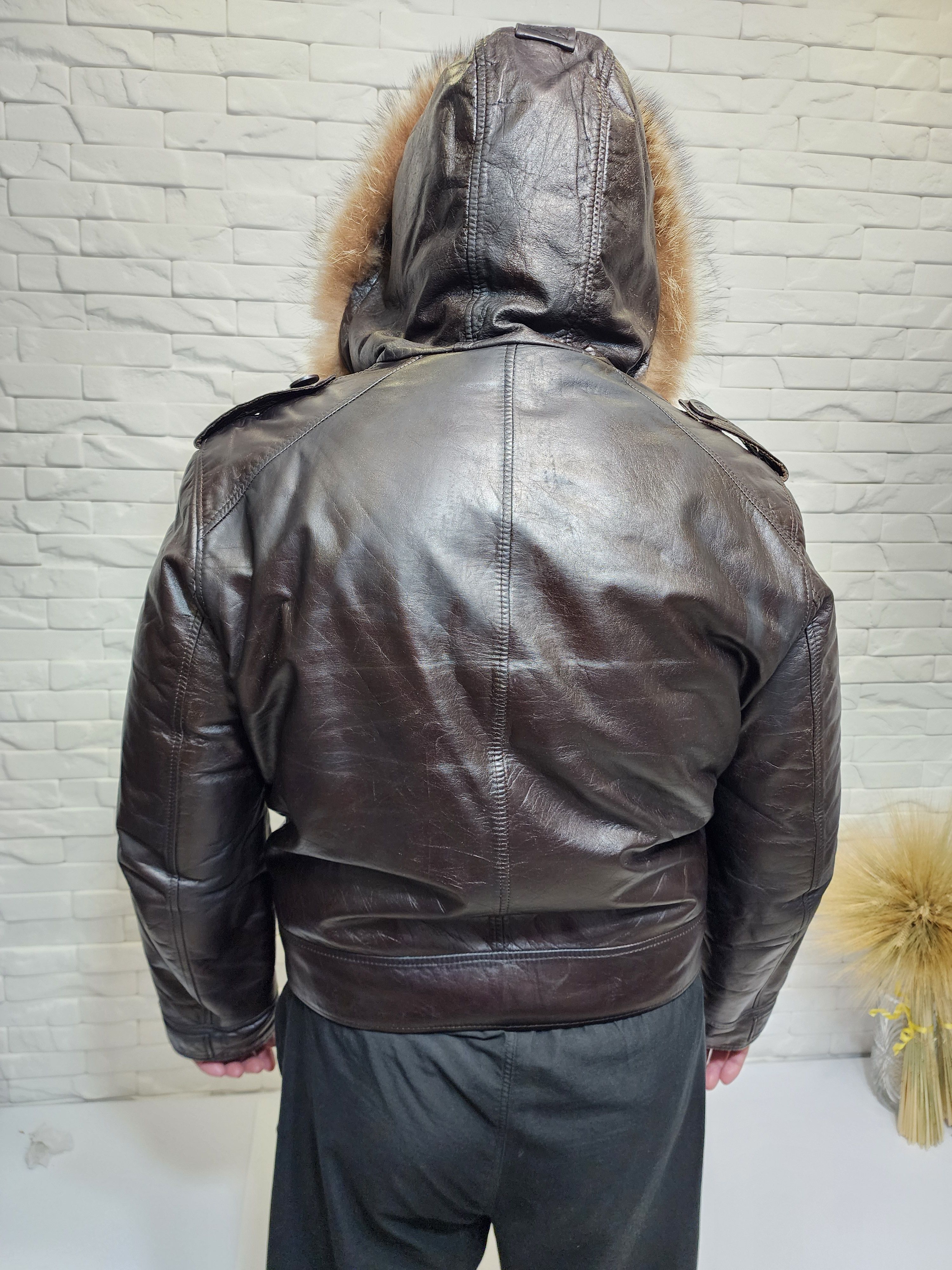 Genuine Leather Black Leather Sheepskin Coat: Metal Zipper, Fur Hood Size US L / EU 52-54 / 3 - 5 Thumbnail